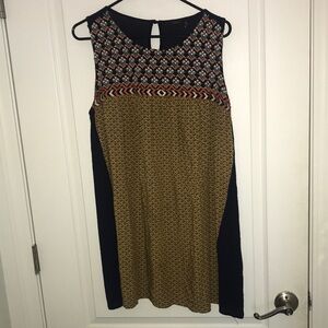 Sleeveless Patterned Panel Shift Dress in Mustard and Navy